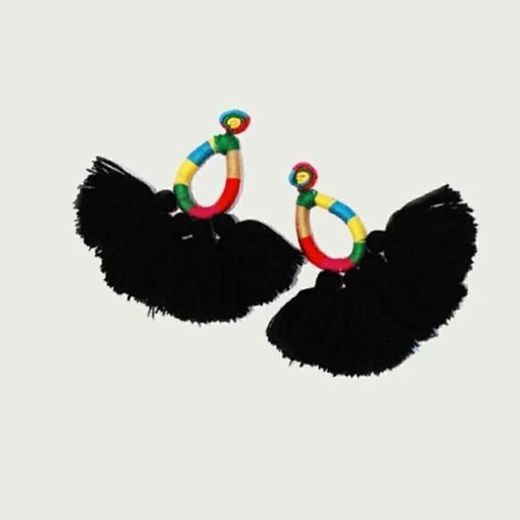 NWT Mochi Hallu Statement Tassel Woven Black Boho Fringe Crochet Big Earrings - Picture 1 of 8
